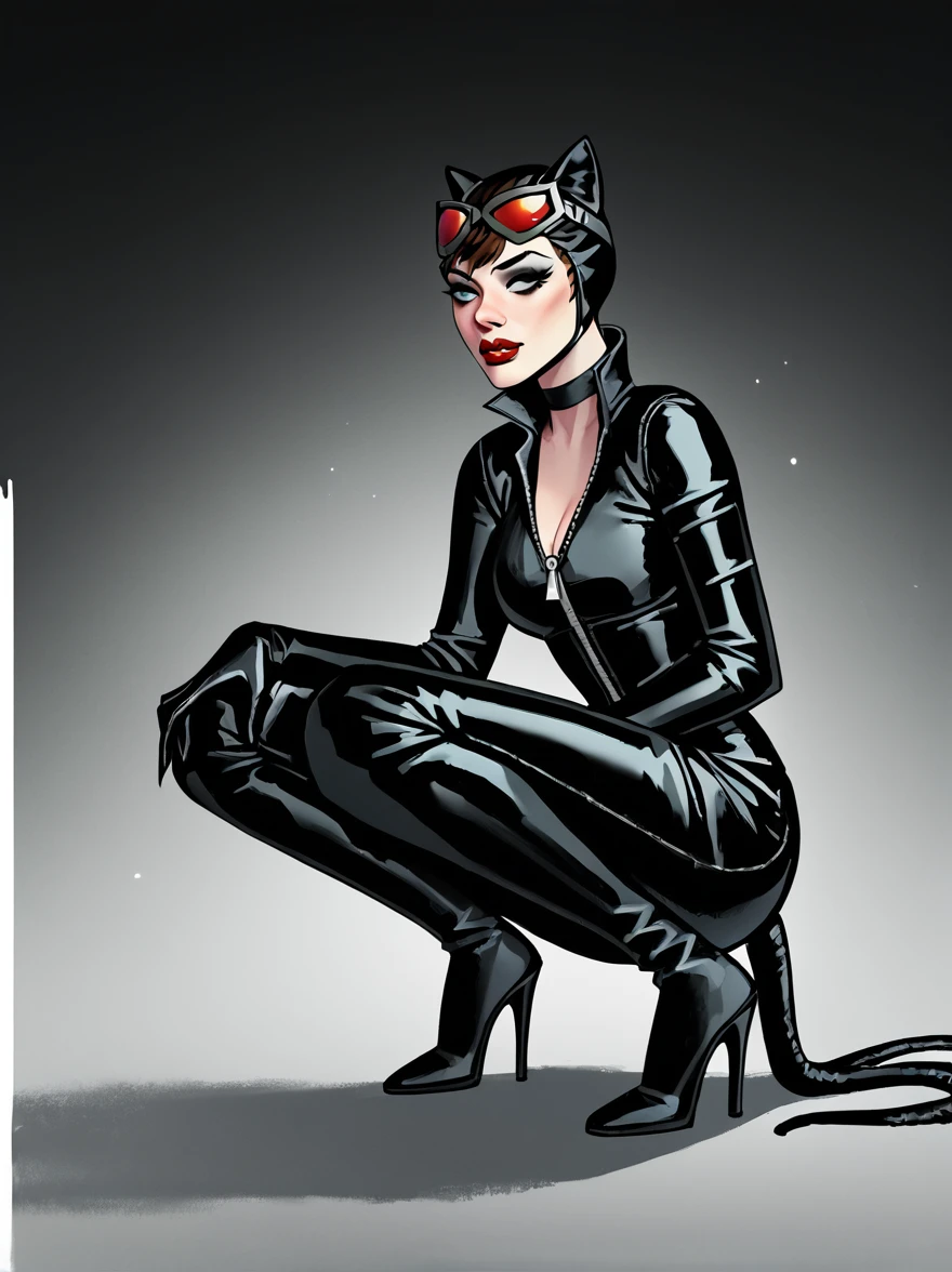 score_9, score_8_up, score_7_up, score_6_up, score_5_up, score_4_up,
BREAK
1girl, catwoman, long eyelashes, black eyeshadow, black eyeliner, red lips, thick lips,
BREAK
solo, skinny, squatting, black high heels, black latex bodysuit, looking away, hands on floor,
BREAK
black background, simple background,