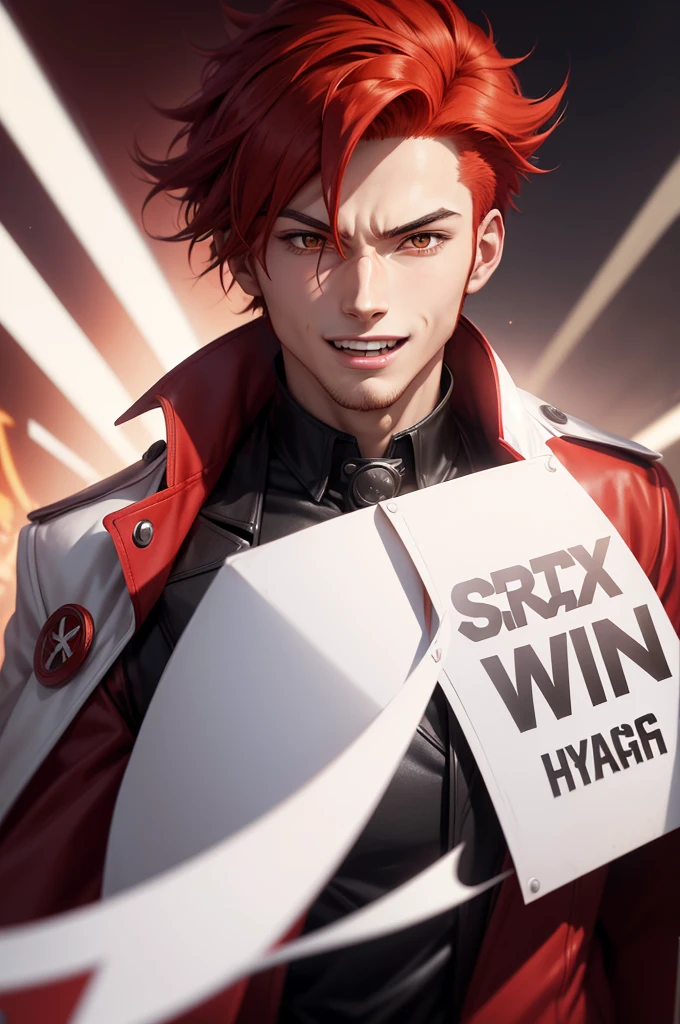 Anime style digital artwork featuring a male character with red hair and red fox ears, wearing a red trench coat, black buttons, happy expression with sharp facial features and light skin. He holds a white sign in front of his face, action: holding a large white sign, The background is completely white