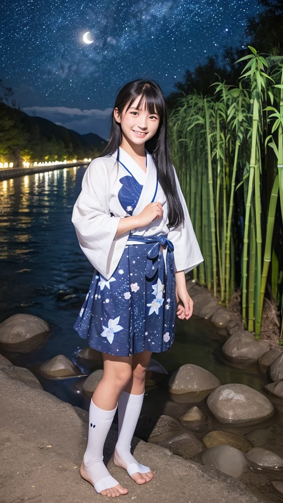 table top, highest quality, 8k, I'm 11 years old, teen, RAW photo, absurd, award winning portrait, smile, smile, alone, idol face, viola lace, gardenia, delicate girl, Upper body,full body shot, Digital single-lens reflex camera, looking at the viewer, Frank, Sophisticated, Zora々right, thin arms,small mouth,cute face, Beautiful and slim legs、Because I'm slender、professional lighting, film grain, chromatic aberration, (Eye and face details:1.0), (Bokeh:1.1), white japanese kimono、white shrine maiden clothes、elementary school girl、big waterfall、rain、beautiful slim legs、sitting