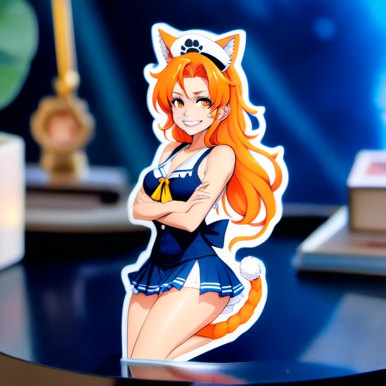 Character Stickers,STICKER, (solid outline:1.3), (NSFW:1.2), A detailed illustration of a vivid Sexy Nami from One Piece kneeling down, big breasts, see thru white top, nipples see thru, bare breasts, thin acrylic board,character goods,Flat figure,3D image,Sample images on product page,Acrylic stand and Acrylic base,acrylic panel,acrylic board,1shota,short,Nami full body portrait ,orange long hair,cat ears tail, shear camisole and mini-skirt type sailor uniform,Smile,summer hair cat ears, summer clothes, Crazy cute,ultra big thigh,thigh gap,Stars shine in eyes,