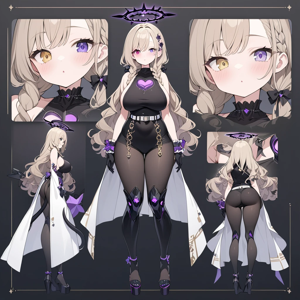1 tall girl, long dark blonde hair, slim build, wavy hair with knee length curls, small face, sectoral heterochromia (one gray eye and one purple eye), star ribbon on the right side of the hair, She has a short double braid on the left and right side of her head....... , extremely detailed face, Beautiful detailed eyes, beautiful detailed lips. short height 180cm, adorable, extremely detailed legs, (Best Quality, 4k, 8k, high resolution, Masterpiece: 1.2), ultra detailed, Exquisite and epic character art...., Amazing modern character trending theme...., character design (Character Reference Sheet: full body front and rear view), Long black tights with elegant gear print...., Black platform heels, Elegant Ruffle One Piece Long Dress., black shoulder length gloves with gold star patterns, light gray belt with a large ribbon with violet heart buckle, black necklace with heart emblem on the neck. Black serval ears on head...., It has a succubus tail that ends in a star shape....... Wide hips. Wears a black halo with purple star patterns... big breast size. Black mechanical legs, red and silver.
