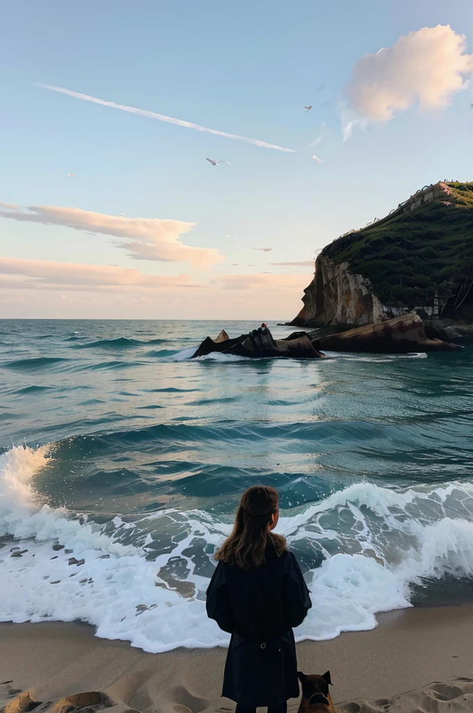 illustration of a girl at sea in a place with a dog