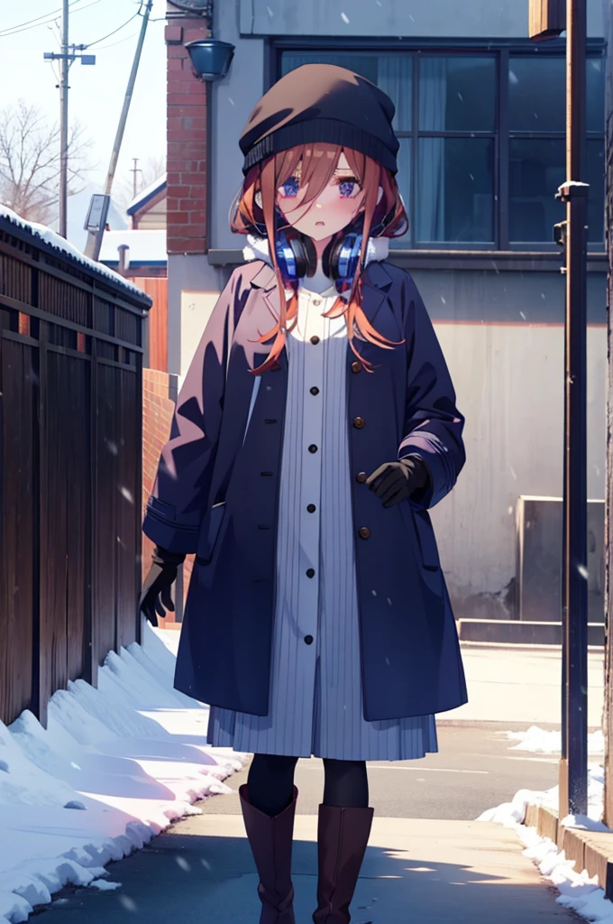 Mikunakano, miku nakano, Long Hair, bangs, blue eyes, Brown Hair, shirt, Hair between the eyes,blush, Open your mouth,White Breath,Scarf,Headphones around neck,Knitted hat,Blue long coat,V-neck sweater,Long skirt,Black pantyhose,short boots,Fluffy gloves,Standing leaning against a wall,Snow is piled up,It&#39;s snowing,whole bodyがイラスト入るように,Hidden in a building with a roof,
break outdoors, Building district,
break looking at viewer, whole body,
break (masterpiece:1.2), Highest quality, High resolution, unity 8k wallpaper, (figure:0.8), (Beautiful attention to detail:1.6), Highly detailed face, Perfect lighting, Highly detailed CG, (Perfect hands, Perfect Anatomy),