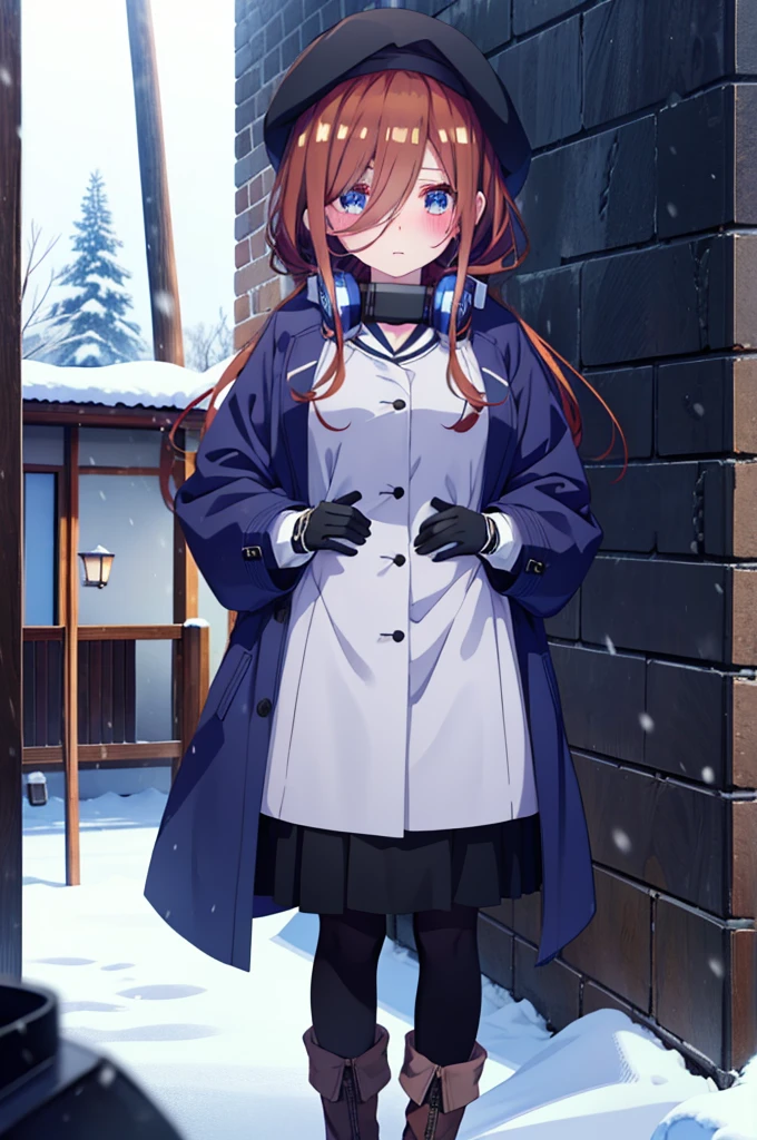 Mikunakano, miku nakano, Long Hair, bangs, blue eyes, Brown Hair, shirt, Hair between the eyes,blush, Open your mouth,White Breath,Scarf,Headphones around neck,Knitted hat,Blue long coat,V-neck sweater,Long skirt,Black pantyhose,short boots,Fluffy gloves,Standing leaning against a wall,Snow is piled up,It&#39;s snowing,whole bodyがイラスト入るように,Hidden in a building with a roof,
break outdoors, Building district,
break looking at viewer, whole body,
break (masterpiece:1.2), Highest quality, High resolution, unity 8k wallpaper, (figure:0.8), (Beautiful attention to detail:1.6), Highly detailed face, Perfect lighting, Highly detailed CG, (Perfect hands, Perfect Anatomy),