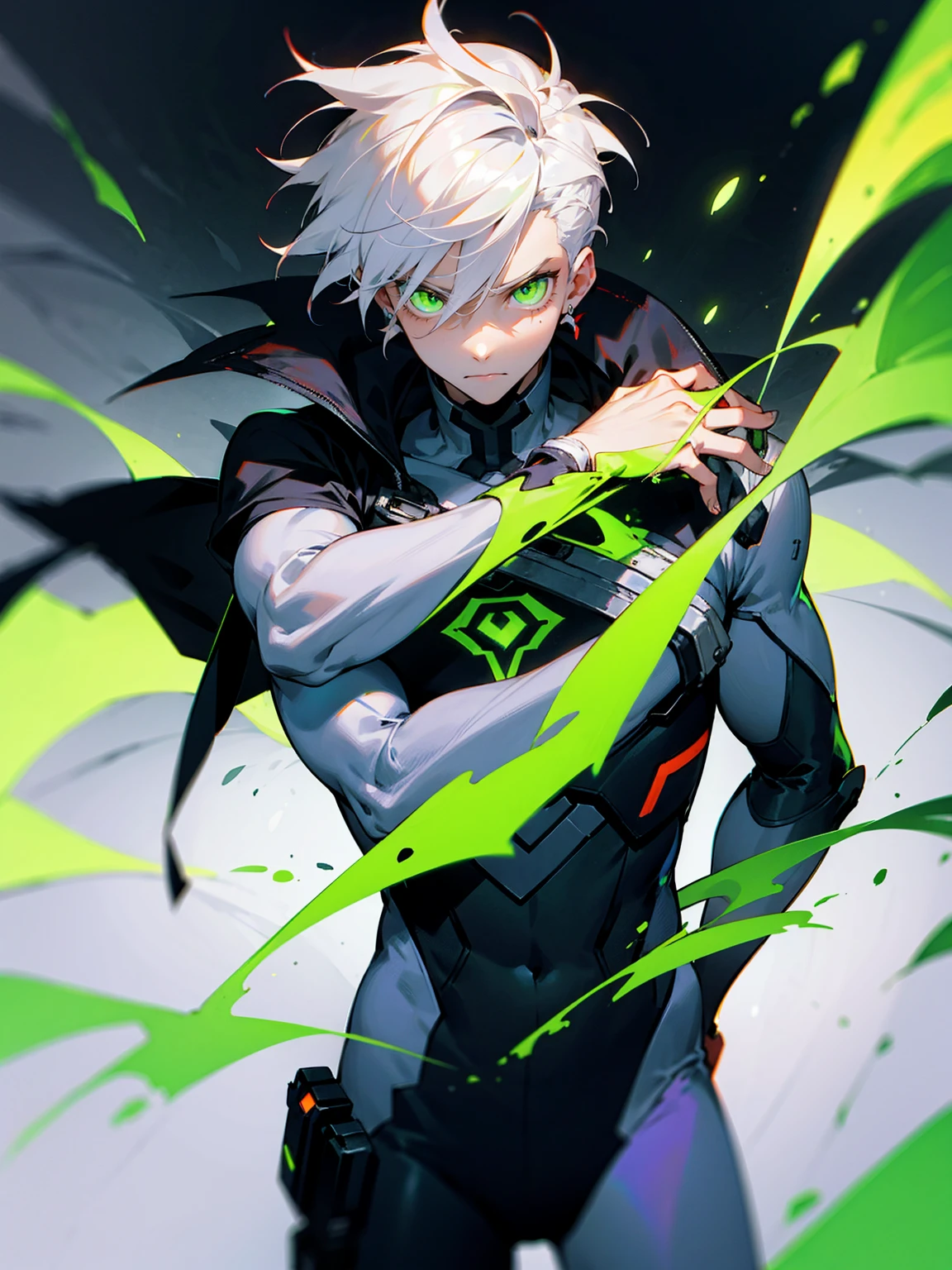 1male, white hair, messy hair, undercut hair, neon green eyes, super suit, cape, tattered clothing, serious expression