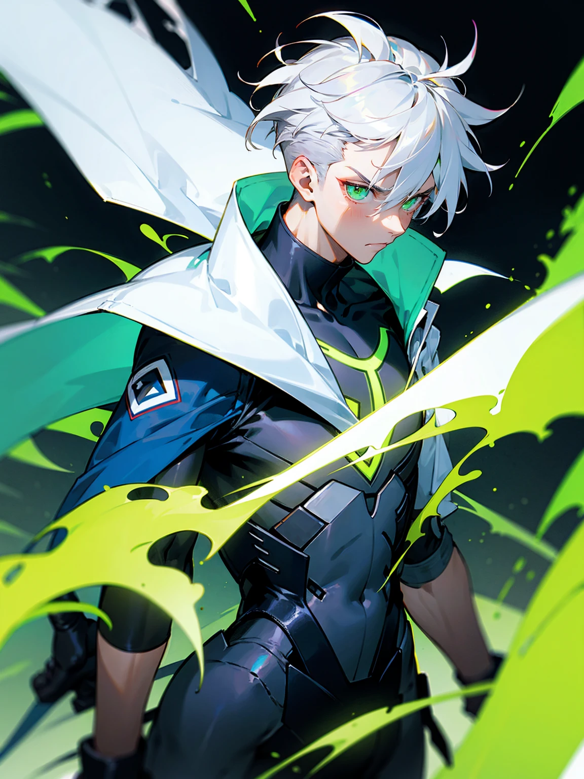 1male, white hair, messy hair, undercut hair, neon green eyes, super suit, cape, tattered clothing, serious expression