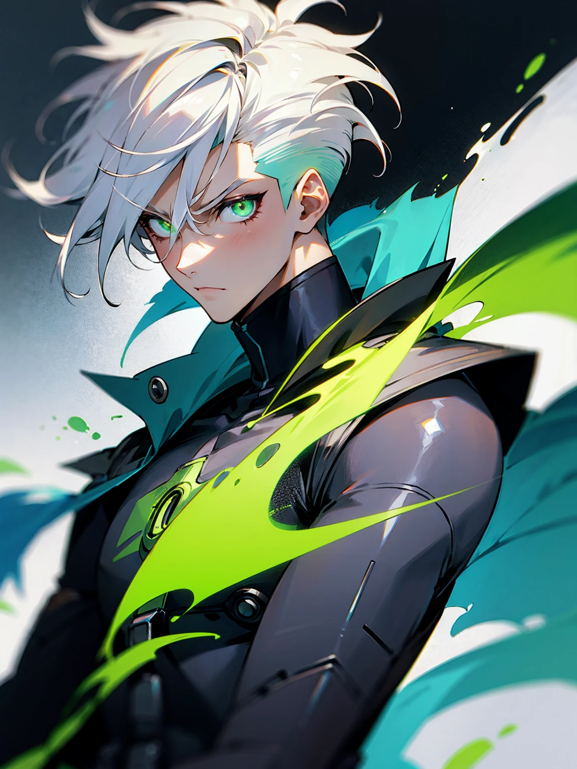 1male, white hair, messy hair, undercut hair, neon green eyes, super suit, cape, tattered clothing, serious expression