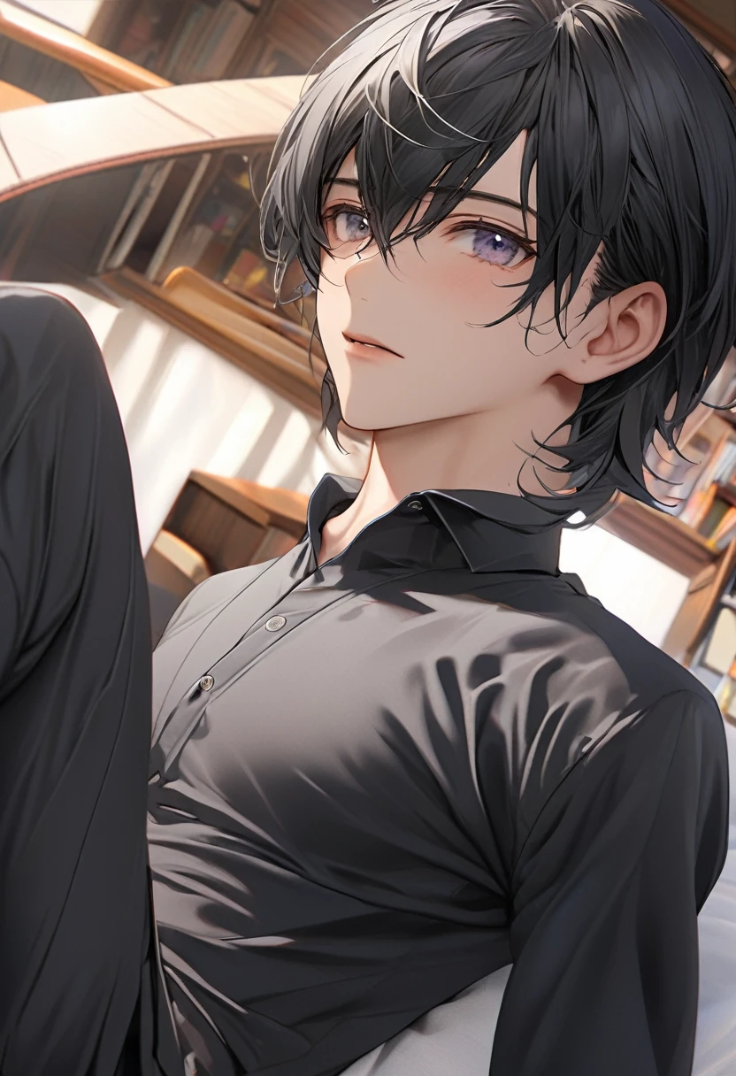 High school boy, good looking, Perfect body, Black Hair, short hair, Mullet, Iris, Upturned eyes, Expressionless, Black high , anime, First Person View, masterpiece, Anatomically correct, Attention to detail, High resolution, Highest quality, Super detailed, 1080P