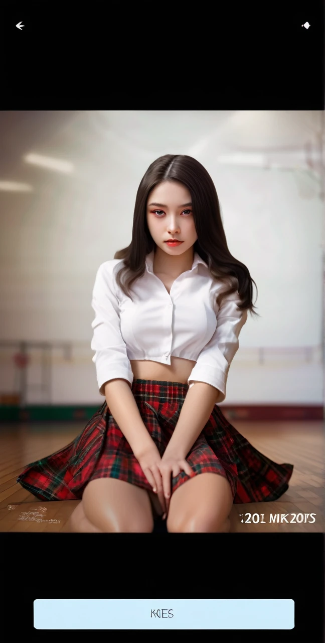 a girl with long curly black hair,beautiful detailed eyes,beautiful detailed lips,extremely detailed face and eyes,long eyelashes,hot fantasy,red plaid skirt,thin white transparent collared top,nothing worn underneath,sitting on cold gymnasium floor with 2 other girls on each side,feet flat on the floor,knees in the air with forearms resting on knees,knees spread wide apart from each other,in a college gymnasium setting,detailed classmates in bleachers wearing identical outfits,highly detailed illustration,floor view,from groundup,smooth rendering,bright vivid colors,4k,8k,highres,masterpiece,ultra-detailed,photorealistic,HDR,studio lighting,professional