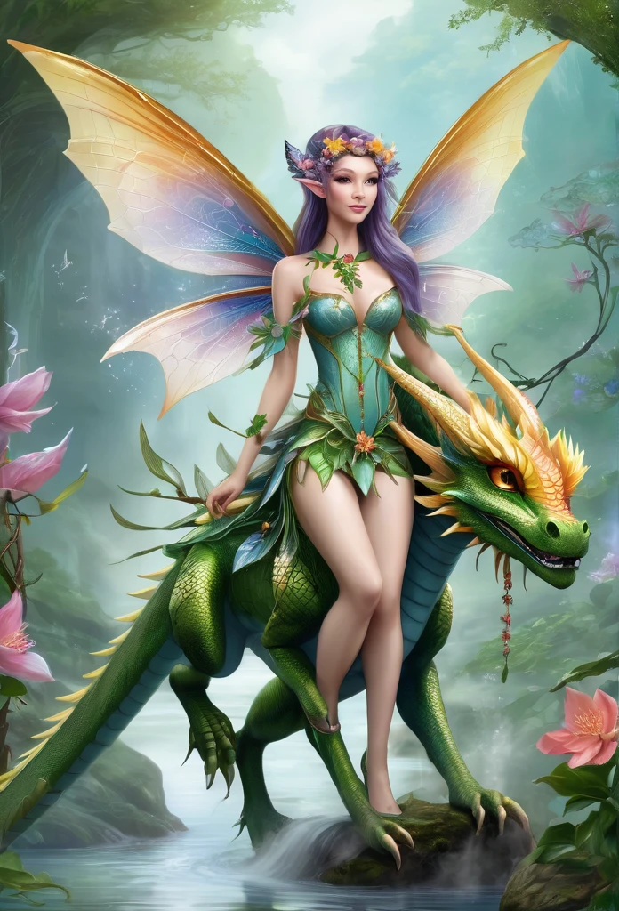 faerie,(full body),elf ears,dragonfly wings, ,hair decorated with flowers, Branches and Leaves, she's ridin on a beautiful dragon,around a scene of magic,,a bit of mist(high qualiy),(refined details),(work of art)