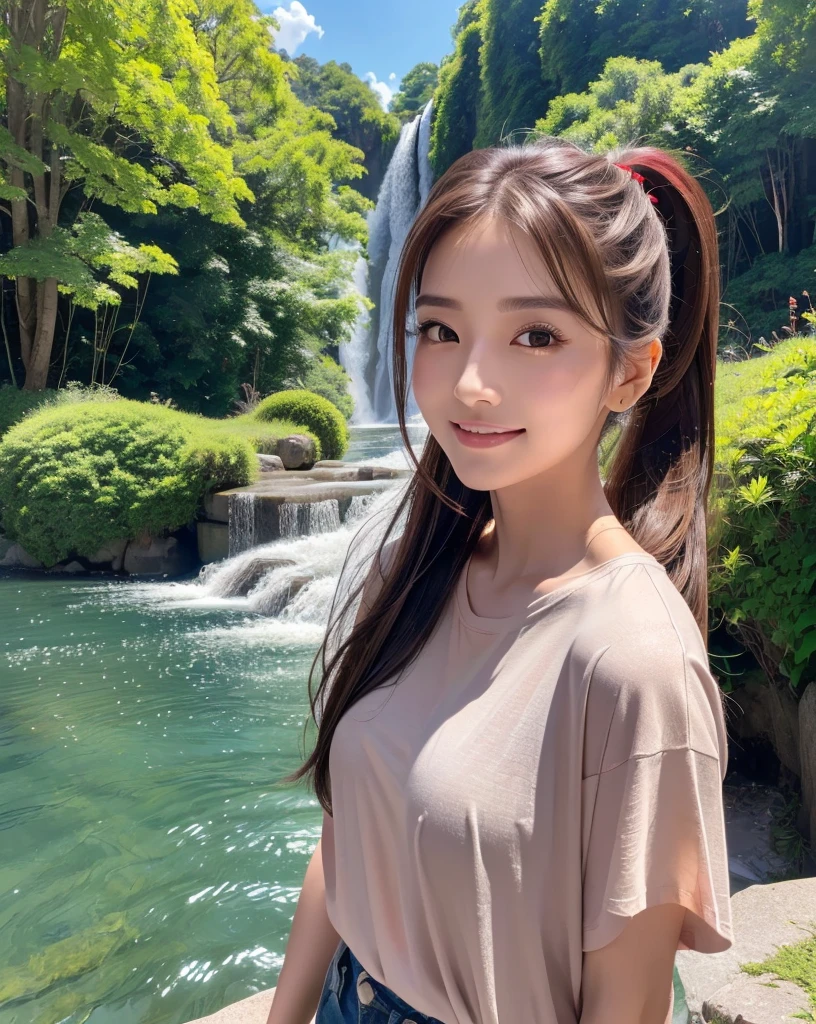 (Highest quality, 32k, High resolution, Masterpiece:1.5, ), marimo_jet, god々A photograph with brilliant dazzling and healing power., Evoking a sense of calm and elusive beauty, Expressing emotions, Have a rich imagination, The road to the horizon, Nostalgic scenery of youth, Beautiful Japanese Girls, An exceptionally beautiful face, Small Face Beauty, Perfect Human Anatomy, Magical big eyes, Motherhood and generosity, Deep Love, fleeting smile, ((Shiny brown hair:1.1)), ((A beautiful ponytail swaying in the wind)), Asymmetrical bangs, Hair between the eyes, Transparent, soft white skin, Sharp eyebrows, Thin lashes, Natural Makeup, Cheek highlighter, Pale pink detailed lips, (Red oversized t-shirt:1.4), High resolutionの美しい太もも, Beautiful legs, ((Walk along the highway with a waterfall in the distance:1.2)), ((The road to the horizon路)), Beautifully detailed skies, ((Shining in the morning sunlight)), Professional photographer, Professional Lighting, Professional models, god秘的