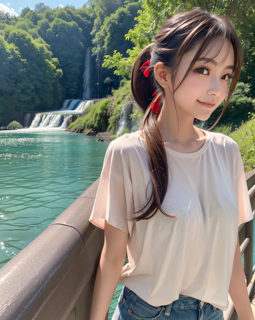 (Highest quality, 32k, High resolution, Masterpiece:1.5, ), marimo_jet, god々A photograph with brilliant dazzling and healing power., Evoking a sense of calm and elusive beauty, Expressing emotions, Have a rich imagination, The road to the horizon, Nostalgic scenery of youth, Beautiful Japanese Girls, An exceptionally beautiful face, Small Face Beauty, Perfect Human Anatomy, Magical big eyes, Motherhood and generosity, Deep Love, fleeting smile, ((Shiny brown hair:1.1)), ((A beautiful ponytail swaying in the wind)), Asymmetrical bangs, Hair between the eyes, Transparent, soft white skin, Sharp eyebrows, Thin lashes, Natural Makeup, Cheek highlighter, Pale pink detailed lips, (Red oversized t-shirt:1.4), High resolutionの美しい太もも, Beautiful legs, ((Walk along the highway with a waterfall in the distance:1.2)), ((The road to the horizon路)), Beautifully detailed skies, ((Shining in the morning sunlight)), Professional photographer, Professional Lighting, Professional models, god秘的