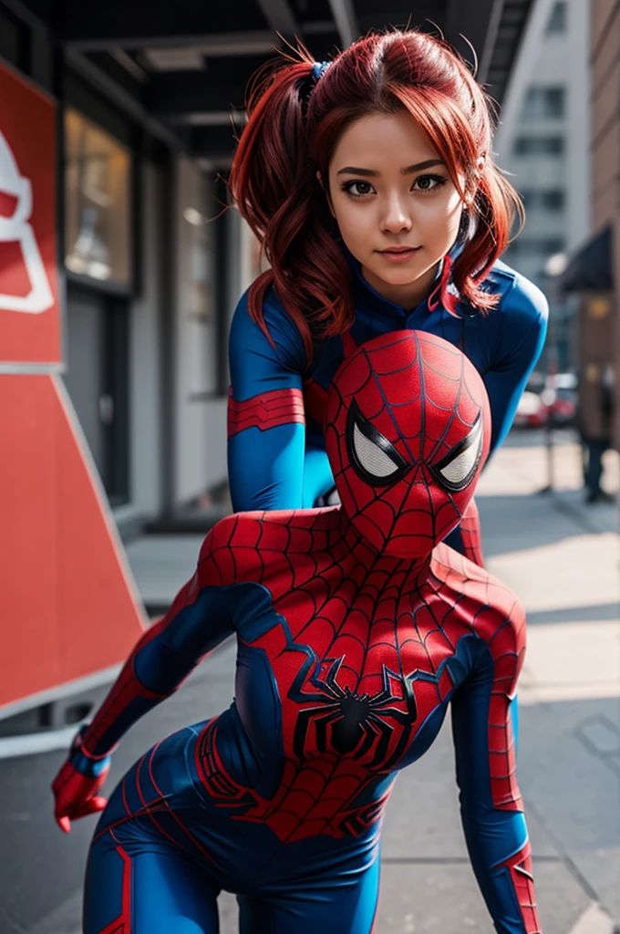 Beautiful woman detailed defined body using spider man cosplay, small breasts