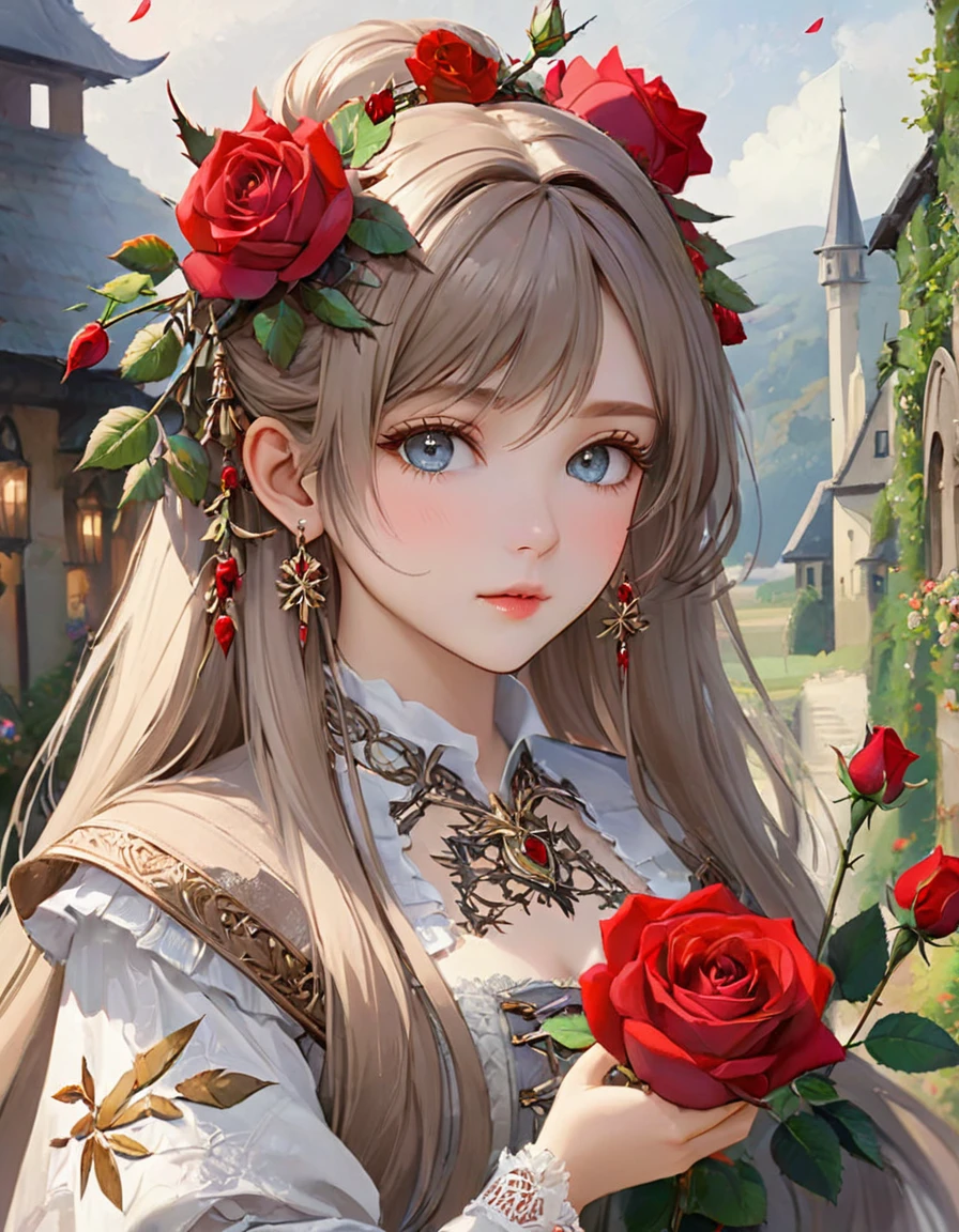 {({(rose themed:1.5)} beautiful girl, long hair, light colored eyes, delicate, calm demeanor, {beautifuly dressed with intricate thorn details}, ({watercolored styled} impressionist masterpiece:1.5), (best quality:1.5), ((UHD:1.5)), (detailed face, detailed eyes, detailed mouth, detailed body, detailed hands, detailed clothes, detailed background, detailed scenery:1.5), (aesthetic + beautiful + harmonic:1.5), ({symmetrical intricate thorns details + sharpen symmetrical thorns details}:1.5)