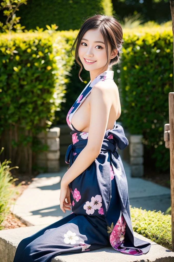 Pure young Japanese yukata girl, outstanding body, wearing traditional yukata, vivid makeup, natural black hair styles, sexual attractive, sweet smile, sitting in traditional garden, professional portrait photography, dazzling summer sunlight,