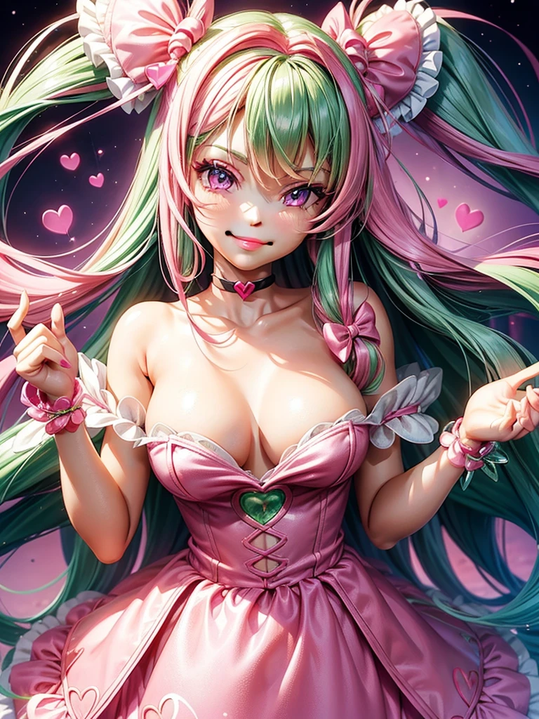 (( barbie pink emerald hair color)), pink eyes,sexy woman, cat ears, hearts, floating hearts, face only, long hair, smiling, hair ornament, up close face, closed mouth smile, up closeface, hair bows, sexy body