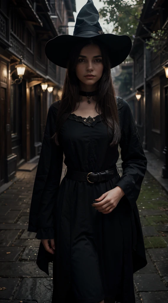 (1 girl:1.3), standing alone, offcial art, 8k unified wallpaper, ultra detaild, Beauthfull & Aesthetics, Beauthfull, work of art, best qualityer, Fantastic mysterious atmosphere, Serene mood, softshadows, European Witch, Charismatic Spells, Witch&#39;s Duty, witch&#39;s hat, ((mystery dinner)), (mysterious eyes), ((dynamic pose, face)), Long black dress, cinema color