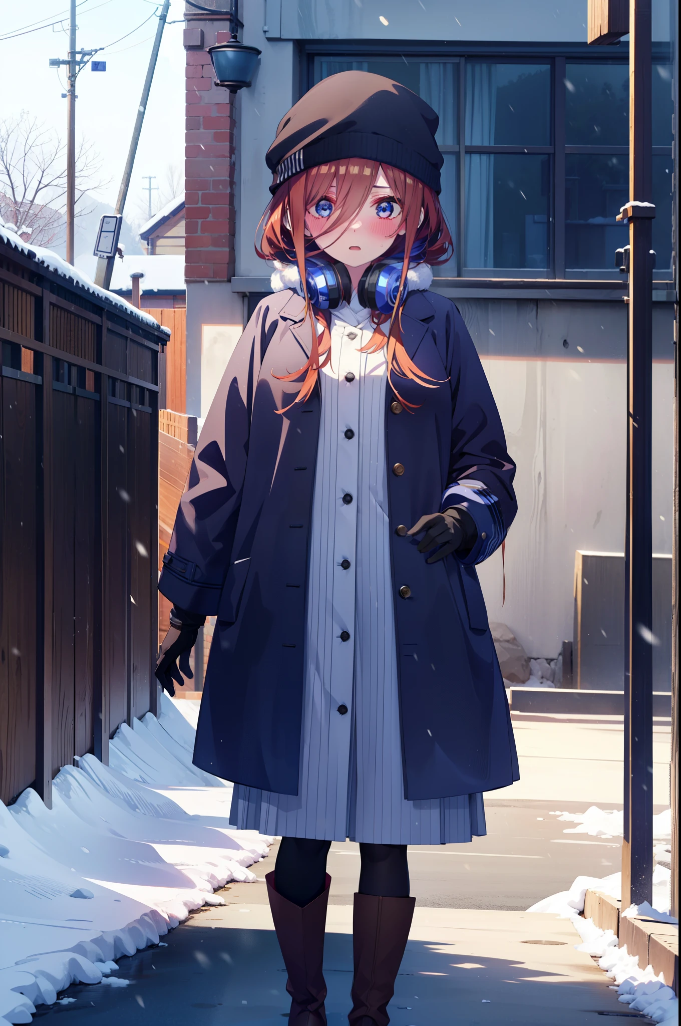 Mikunakano, miku nakano, Long Hair, bangs, blue eyes, Brown Hair, shirt, Hair between the eyes,blush, Open your mouth,White Breath,Scarf,Headphones around neck,Knitted hat,Blue long coat,V-neck sweater,Long skirt,Black pantyhose,short boots,Fluffy gloves,Standing leaning against a wall,Snow is piled up,It&#39;s snowing,whole bodyがイラスト入るように,Hidden in a building with a roof,
break outdoors, Building district,
break looking at viewer, whole body,
break (masterpiece:1.2), Highest quality, High resolution, unity 8k wallpaper, (figure:0.8), (Beautiful attention to detail:1.6), Highly detailed face, Perfect lighting, Highly detailed CG, (Perfect hands, Perfect Anatomy),