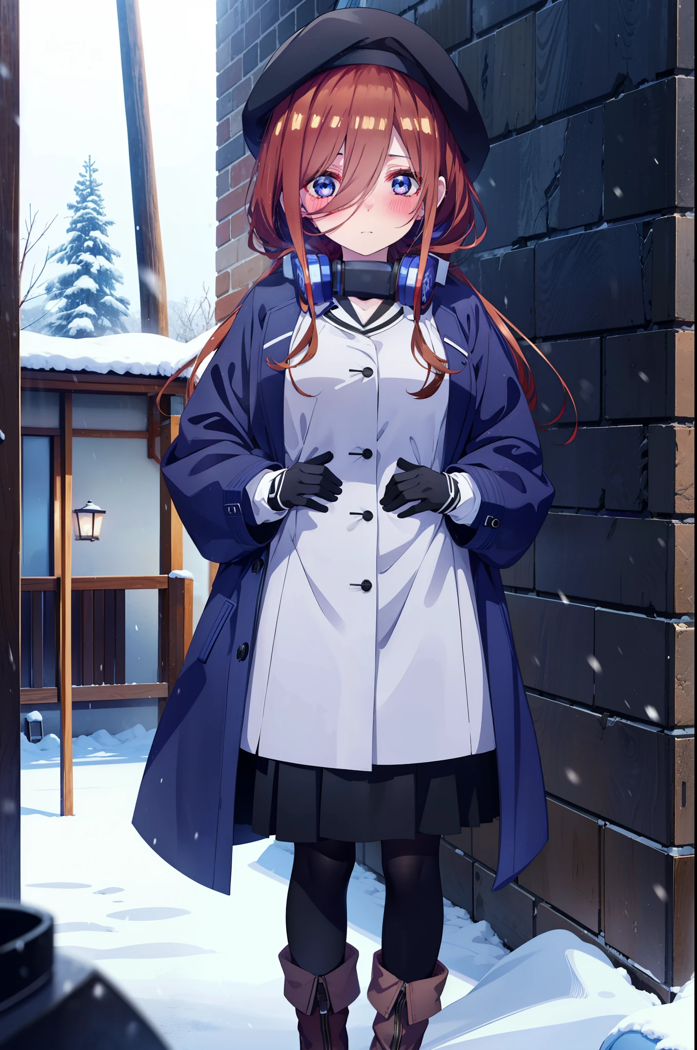 Mikunakano, miku nakano, Long Hair, bangs, blue eyes, Brown Hair, shirt, Hair between the eyes,blush, Open your mouth,White Breath,Scarf,Headphones around neck,Knitted hat,Blue long coat,V-neck sweater,Long skirt,Black pantyhose,short boots,Fluffy gloves,Standing leaning against a wall,Snow is piled up,It&#39;s snowing,whole bodyがイラスト入るように,Hidden in a building with a roof,
break outdoors, Building district,
break looking at viewer, whole body,
break (masterpiece:1.2), Highest quality, High resolution, unity 8k wallpaper, (figure:0.8), (Beautiful attention to detail:1.6), Highly detailed face, Perfect lighting, Highly detailed CG, (Perfect hands, Perfect Anatomy),