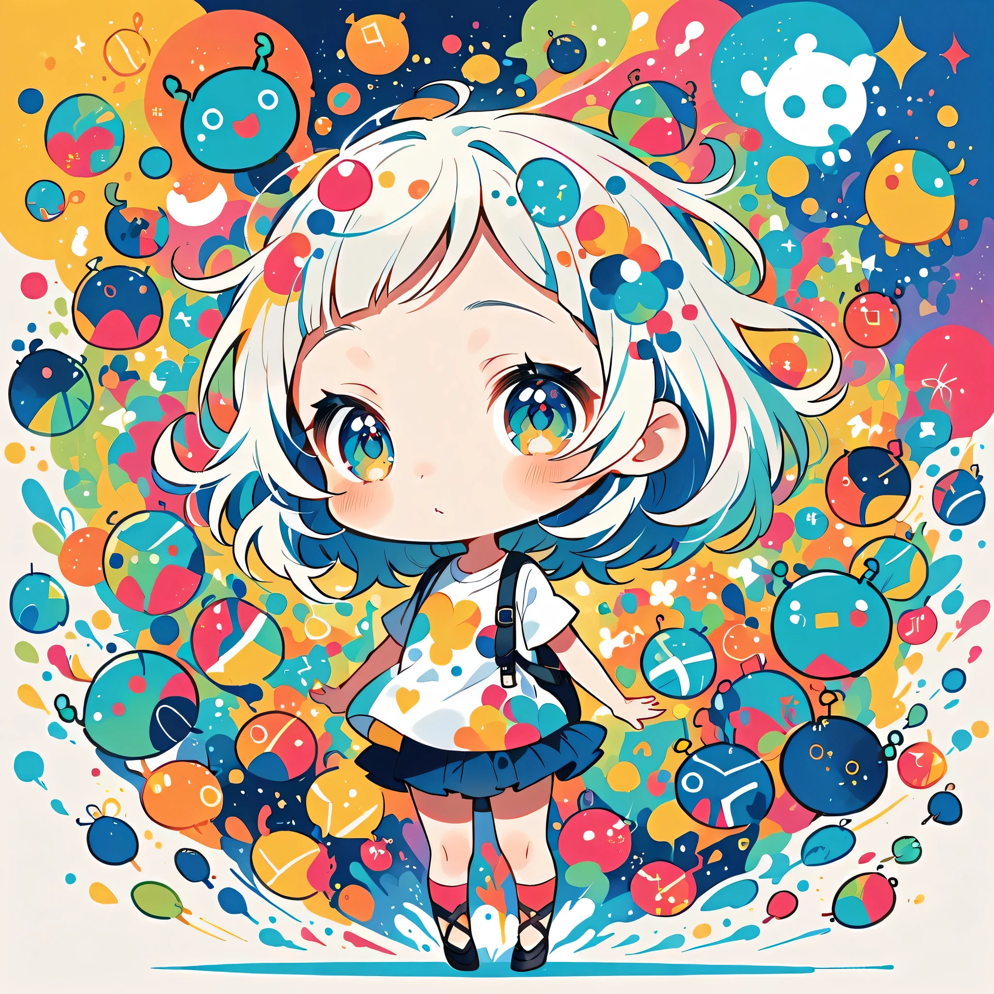 Mika Pikazo style, Standing in front of a high wall，Simple Line Initialism，Abstract art，Urban Background, (((The most beautiful girl))), (((chibi))), Cute and colorful pillbugs, 