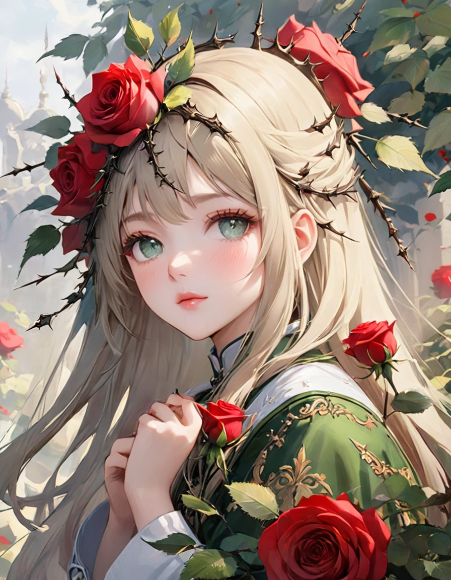 {({(rose themed:1.5)} beautiful girl, long hair, light colored eyes, delicate, calm demeanor, {beautifuly dressed with intricate thorn details}, ({watercolored styled} impressionist masterpiece:1.5), (best quality:1.5), ((UHD:1.5)), (detailed face, detailed eyes, detailed mouth, detailed body, detailed hands, detailed clothes, detailed background, detailed scenery:1.5), (aesthetic + beautiful + harmonic:1.5), ({symmetrical intricate thorns details + sharpen symmetrical thorns details}:1.5)