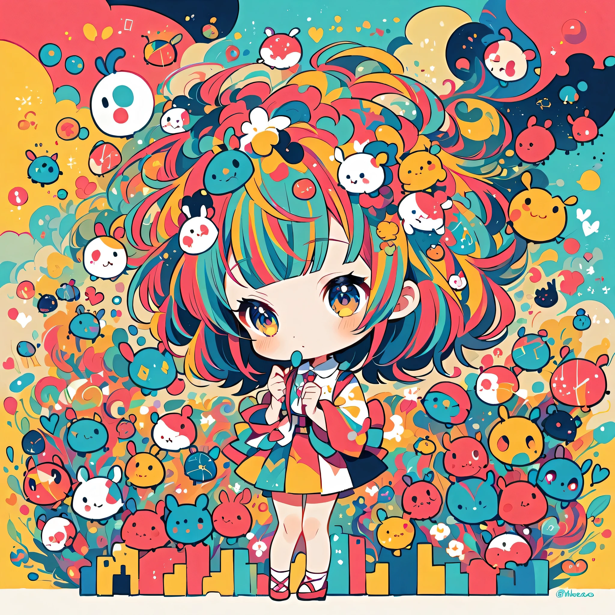 Mika Pikazo style, Standing in front of a high wall，Simple Line Initialism，Abstract art，Urban Background, (((The most beautiful girl))), (((chibi))), Cute and colorful pillbugs, 