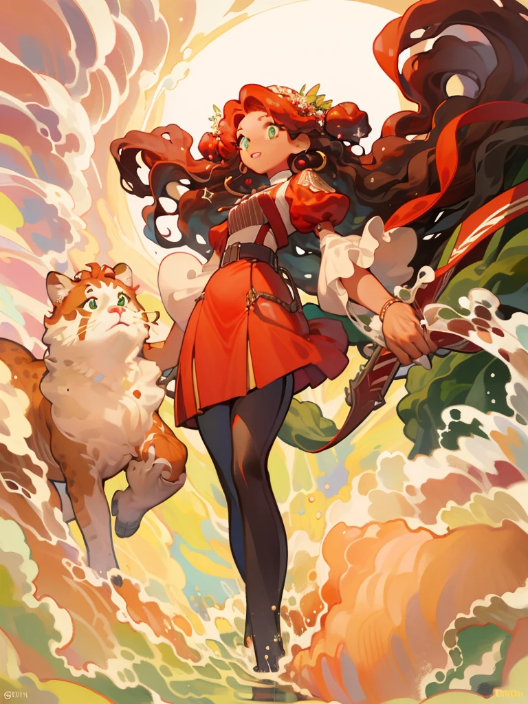 ((best quality)), ((masterpiece)), (detailed), caramel-brown skin, green eyes, anime, tan skin, red dress with red puffy sleeves, long and wavy brown hair worn down. Big innocent-looking green eyes. Proportionate curvy figure. Bubbly and cheerful woman. Long and wavy thigh-length hair. Grinning. wavy bangs. Simple red dress with same colored puffy sleeves. Black pants underneath. Short puffy red sleeves.