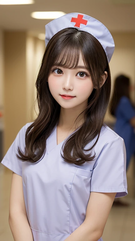 Tabletop, Highest quality, One Girl, (beautiful girl:1.3), (18-year-old:1.3), Very good vision, (Symmetrical eyes:1.3), (Nurse Costume:1.2), Beautiful breasts, Brown eyes, Parted bangs, Brown Hair, Hospital interior as background,Blur the background