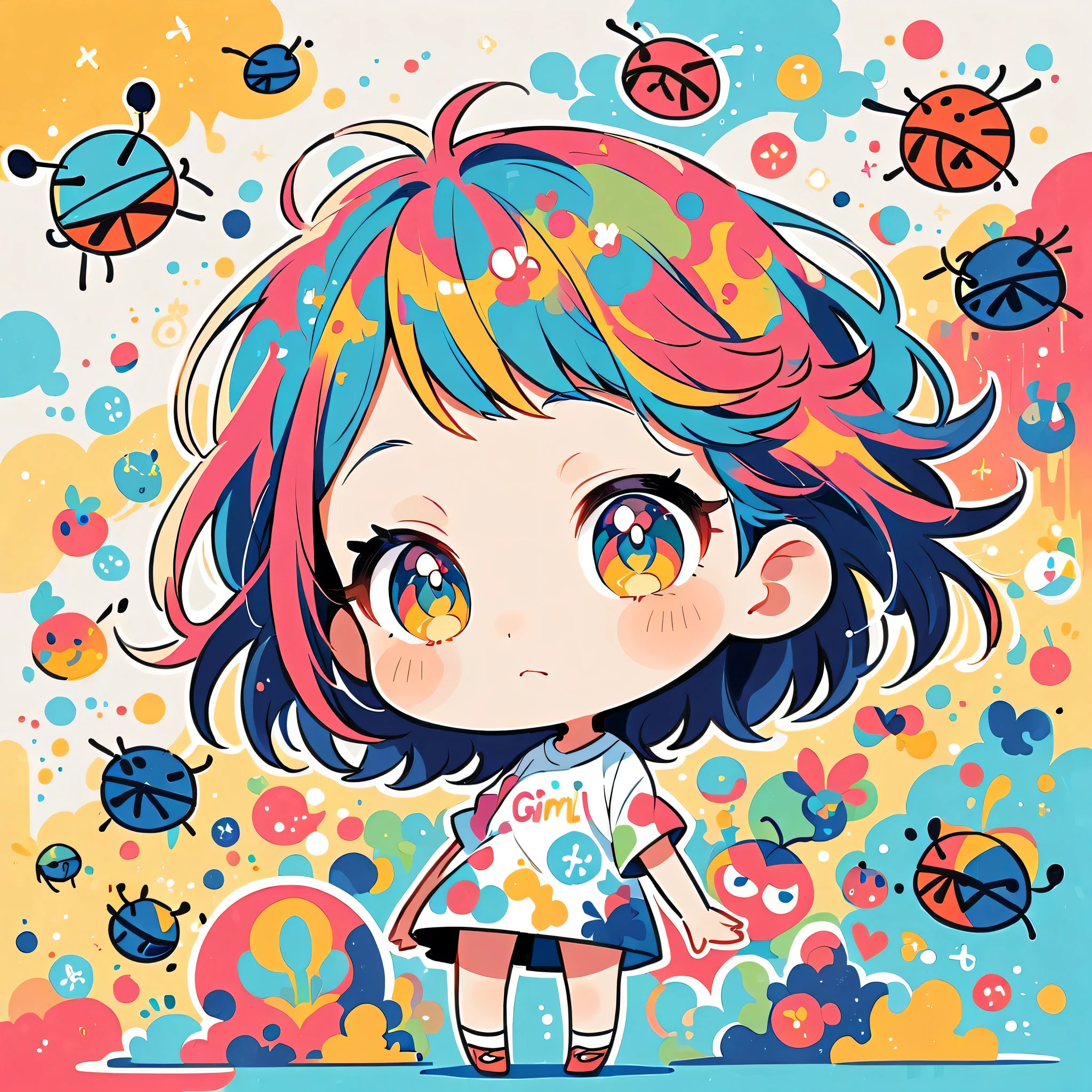 Mika Pikazo style, Standing in front of a high wall,Simple Line Initialism,Abstract art,Urban Background, (((The most beautiful girl))), (((chibi))), Cute and colorful pillbugs,