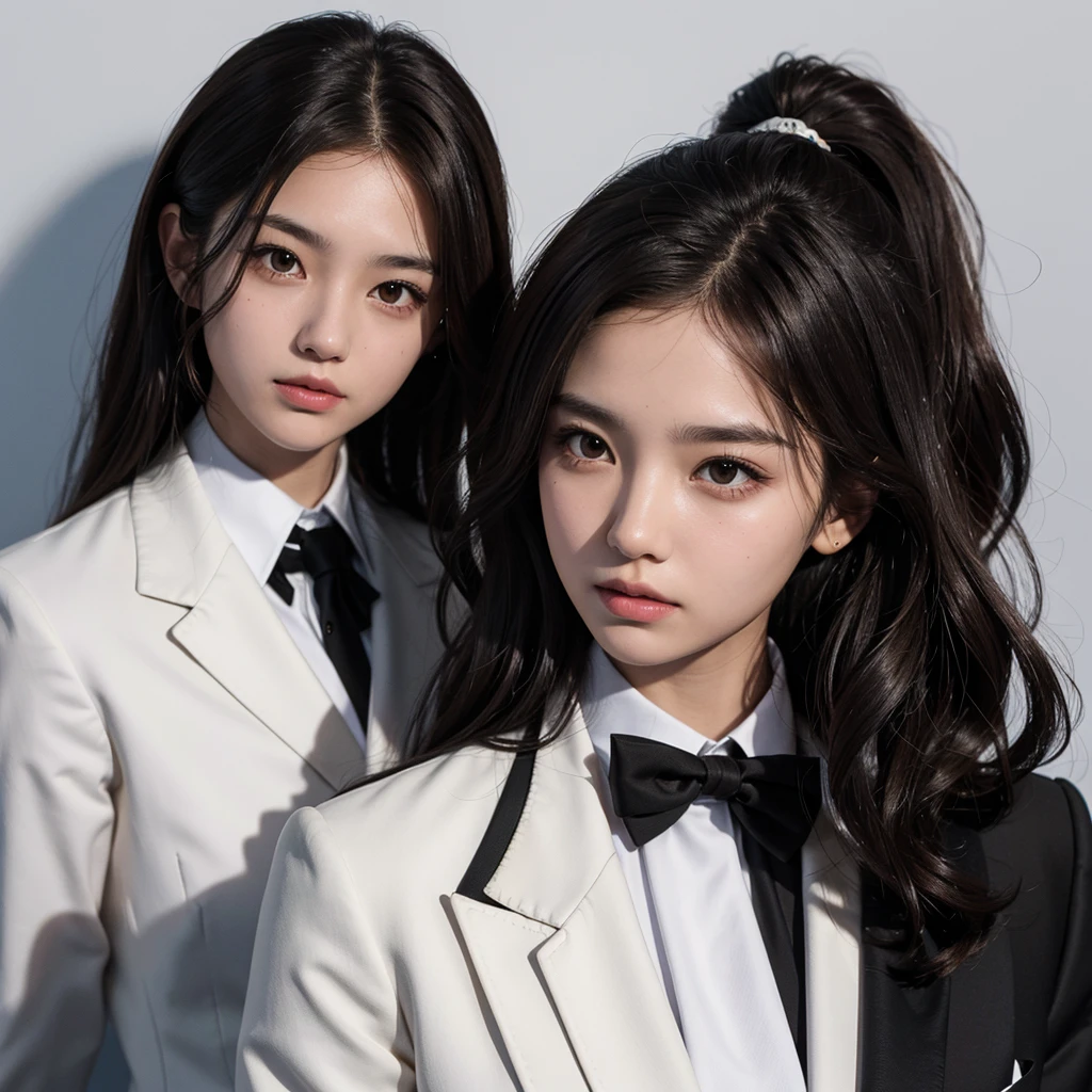 yearbook photo of a  with short wavy brown hair,with a mature face, wearing white with black blazer and black tie, with plain background, bust shot