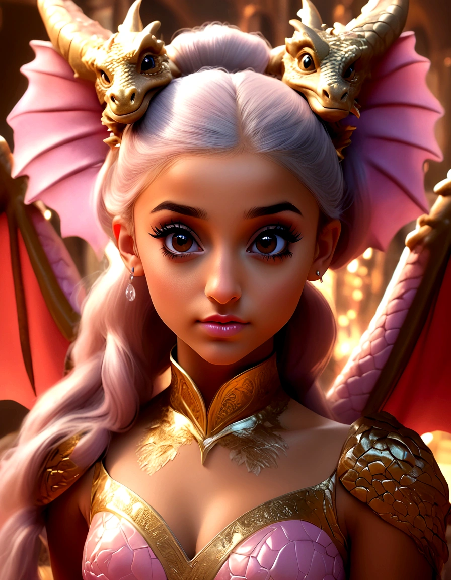 1 girl, Ariana Grande, 25 years old, beautiful detailed eyes, beautiful detailed lips, extremely detailed face and features, longeyelashes, princess dress, pink, dragon's lair, scolding dragon, bopping dragon's nose, messy lair, no bed, high fantasy, bones and gold scattered around hap hazard(best quality,4k,8k,highres,masterpiece:1.2),ultra-detailed,(realistic,photorealistic,photo-realistic:1.37),concept art, vivid colors, dramatic lighting, cinematic