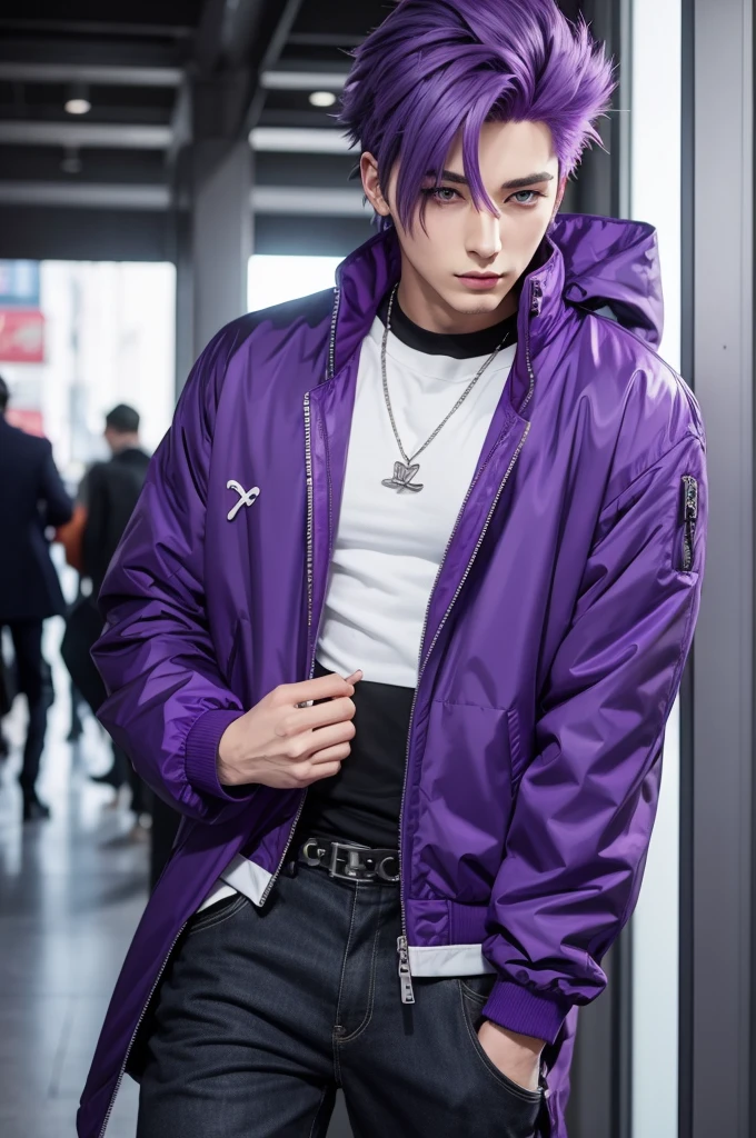 Anime male with purple hair and a chic purple jacket