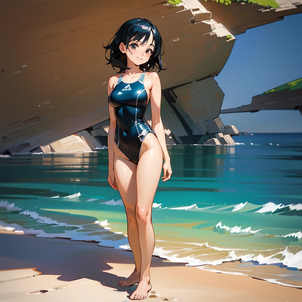 (high quality, High resolution, Very detailed, reality:1.37), Peaceful atmosphere, (Sandy Beach), Teenage girl standing alone, (my breasts are big.), Beautiful details, Cute Smile, (Black bob hair), One piece swimsuit, barefoot.