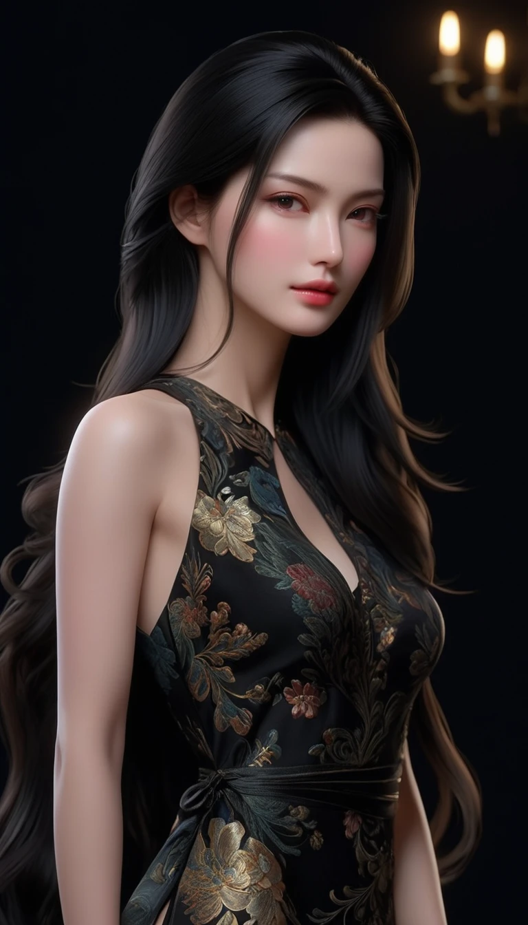((最大16K解像度のmasterpiece:1.6)),beautiful,Highest quality,Absolutely wonderful,Very detailed,Ultra-high resolution,masterpiece,Realistic,Realistic,Increased depth of field,Cinematic Light, 
One elegant mature woman, Long black hair,beautiful顔,Very detailedな顔の表現,Face with a gentle expression,Transparent white skin,Very delicate skin texture,Great proportions,Anatomically correct body, 
Elegant high slit dress,Gorgeous colors,Gorgeous and detailed pattern,Beautifully detailed pattern,Detailed cloth texture,
Black Background,
(Focus on the face:1.5),Face close up,