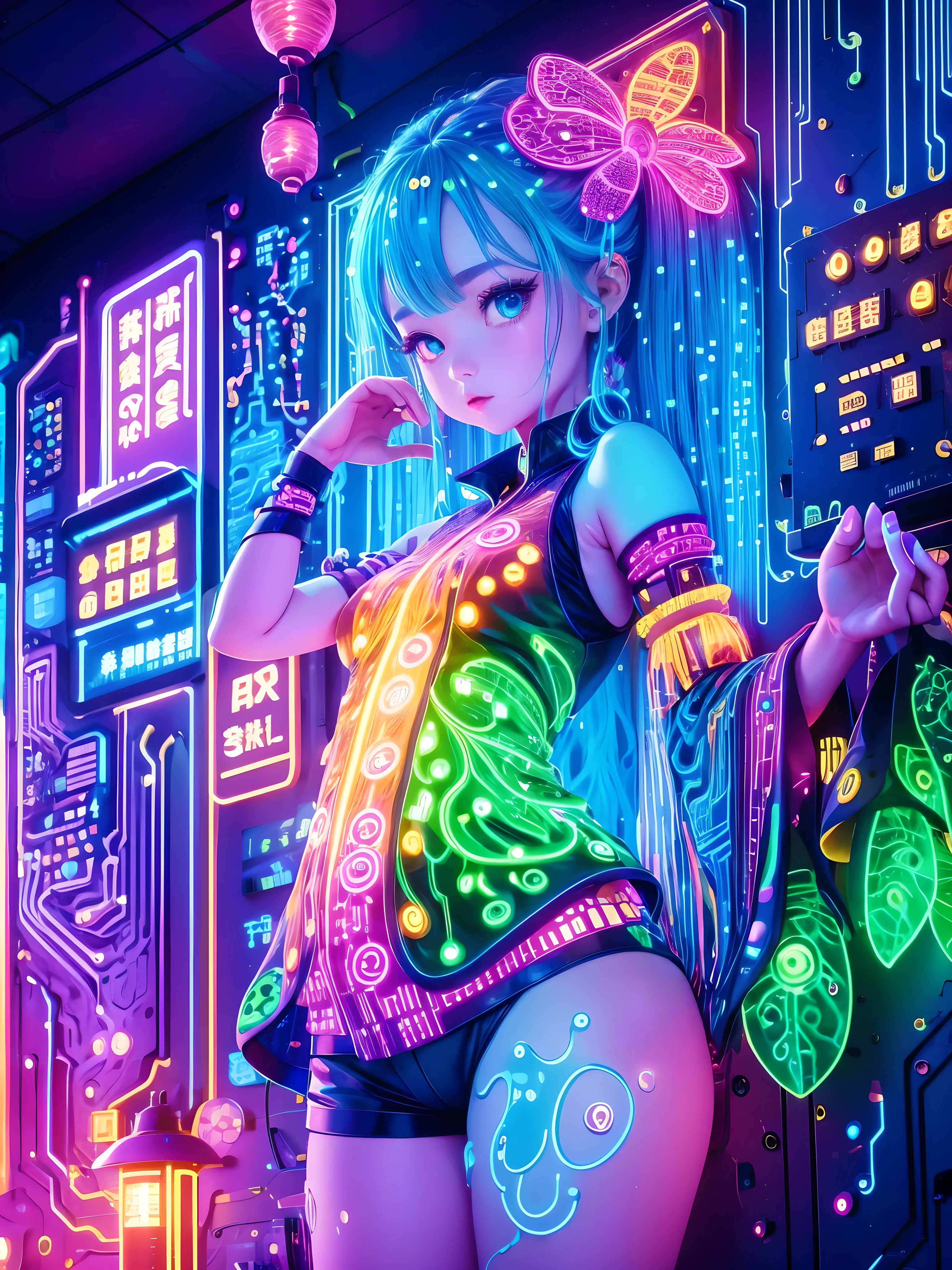 (neon lamp)，Circuit board，colorful nipples，luminescent colors，lamp，girl，looking to the camera，slime girl，Flowy sleeveless shorts，To the wall，big round eyes，charming，(ultra high definition, Masterpiece, necessary, anatomically correct, textured skin, high detail, high quality, The award-winning, 8k)