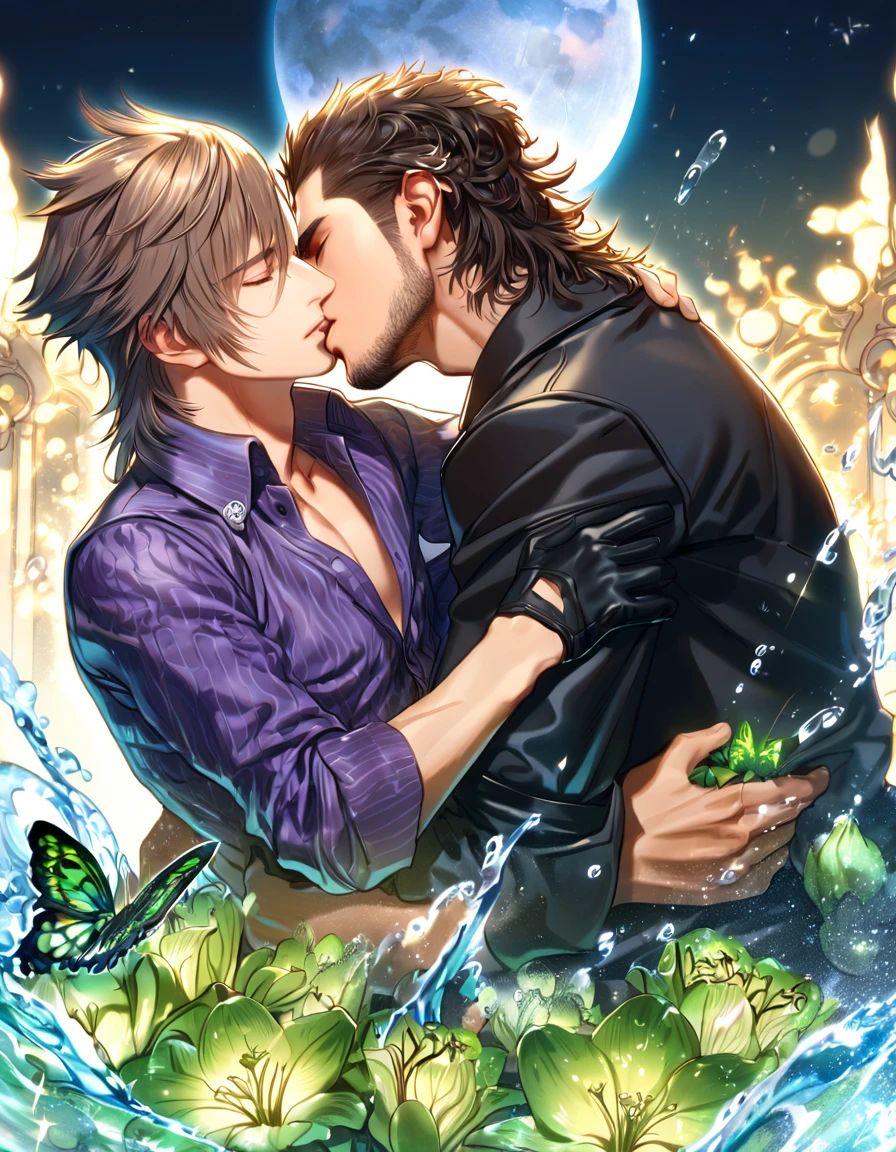 absurdres, highres, ultra detailed, HDR, master piece, best quality, extremely detailed, Ignis Scientia, brown hair, slicked up hair, closed eyes, Final Fantasy XV, Gladiolus Amicitia, brown hair, closed eyes, two sexy men kissing, gay couple, yaoi, handsome, black jacket, purple shirt, black gloves, fantasy, magic, sparkling, water, moon, green flowers, green butterflies