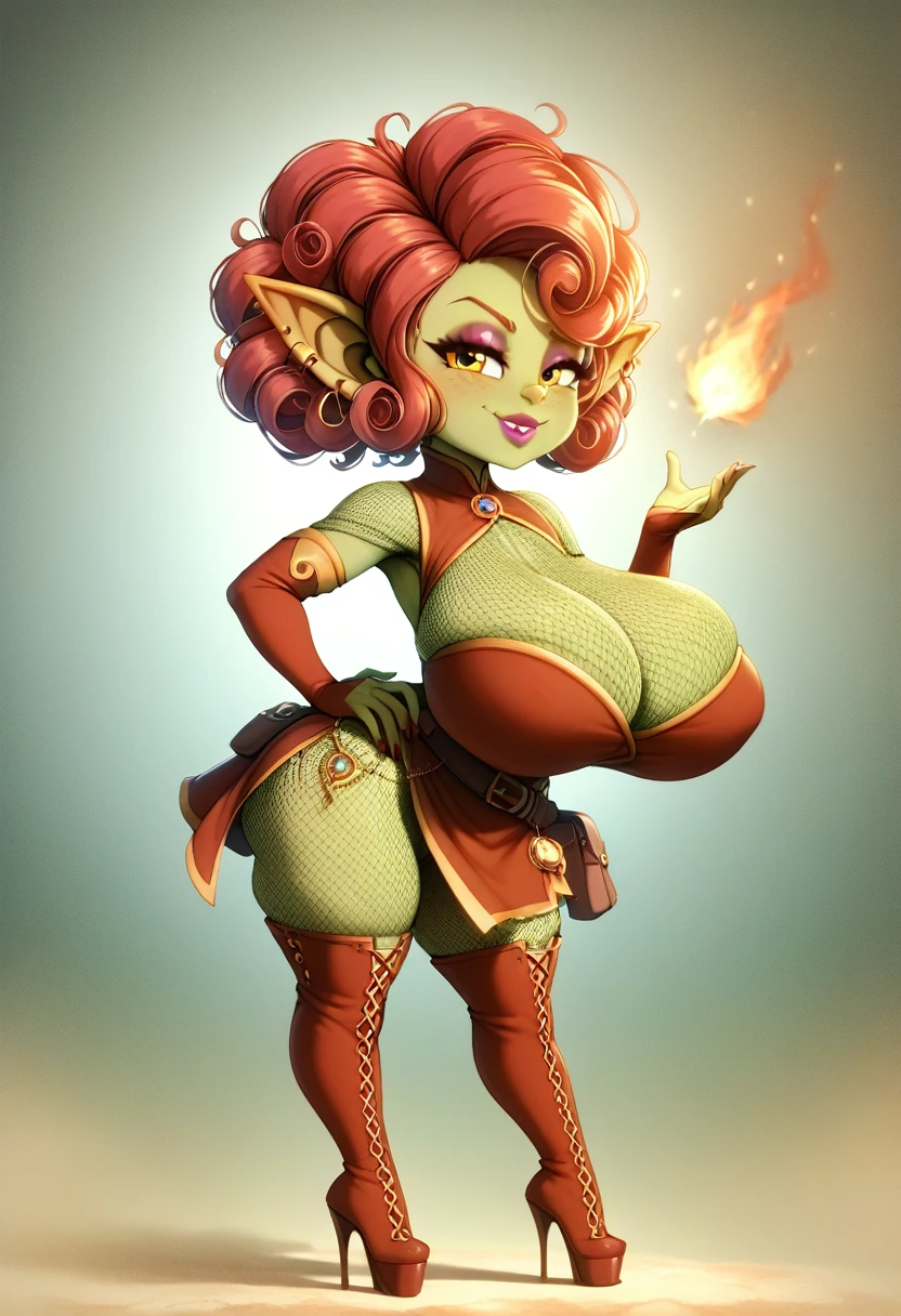 Girl, goblin girl, goblin, green skin, short, short stature, short hair, red hair, curly hair, huge breasts, long gloves, thigh boots, pouty lips, masterpiece, best quality, sexy, dynamic pose, 8k, shortstack, sfw, shiny, fantasy, dungeons and dragons, high heels, fishnets, holding, dark green skin, adventurer, slutty pose, sorcerer, sorceress, pyromancer, fire and ice, magic, fire and ice magic, long detailed slutty colorful dress, thigh pouch, very curly hair, lots of belts, curly hairstyle, lipstick, rosy cheeks, smile, eyeshadow, eye liner, belt on hip, magic, magic dress, bubble butt