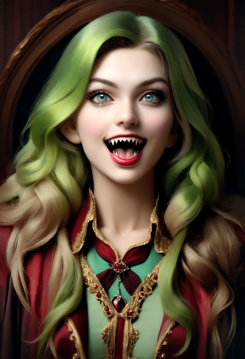 Vampire Madonna singer, retro photo, realistic photo, movement, many colors, 8k fantasy, playful realistic photo, playful photo, colors green, red, yellow, blue, pink, Madonna vampire photo, Vampire Madonna, deep look, front look, mouth open, sharp teeth, Madonna's face, vampire teeth, sharp teeth, front shot, smiling, dark face, colorful scenery,