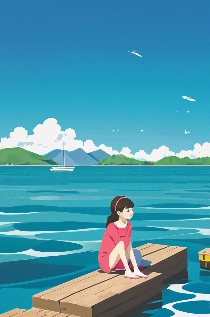 illustration of a girl at sea in a place with a dog