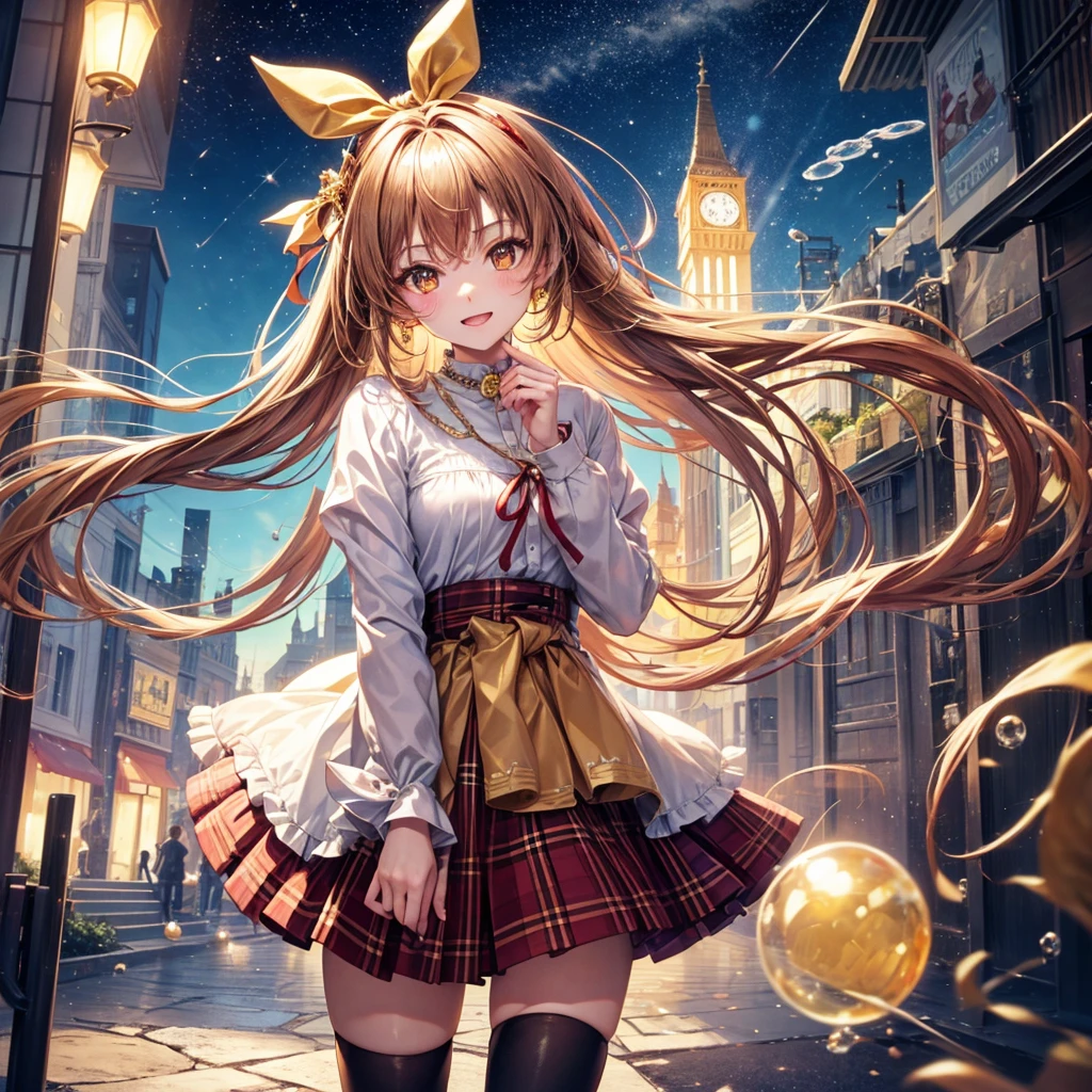 Red, brown, gold, gold hair、Golden Eyes、Hair tied up、One good looking girl、solo、anime、Checkered mini skirt、Ruffles on the skirt、Checked dress、blouse、school uniform、Black knee-high socks、Ribbon、Ribbon on waist、Teeth are visible、Sparkly Necklace、From above、Cobblestones、waterfall、Starry Sky、Midnight Moon、suspension bridge、Soap bubbles are flying、beam、Standing still、Eight Towers、Palm Tree、Transparent、Dragon flying、Sandy Beach、time and space、goddess、Billboard、Edo