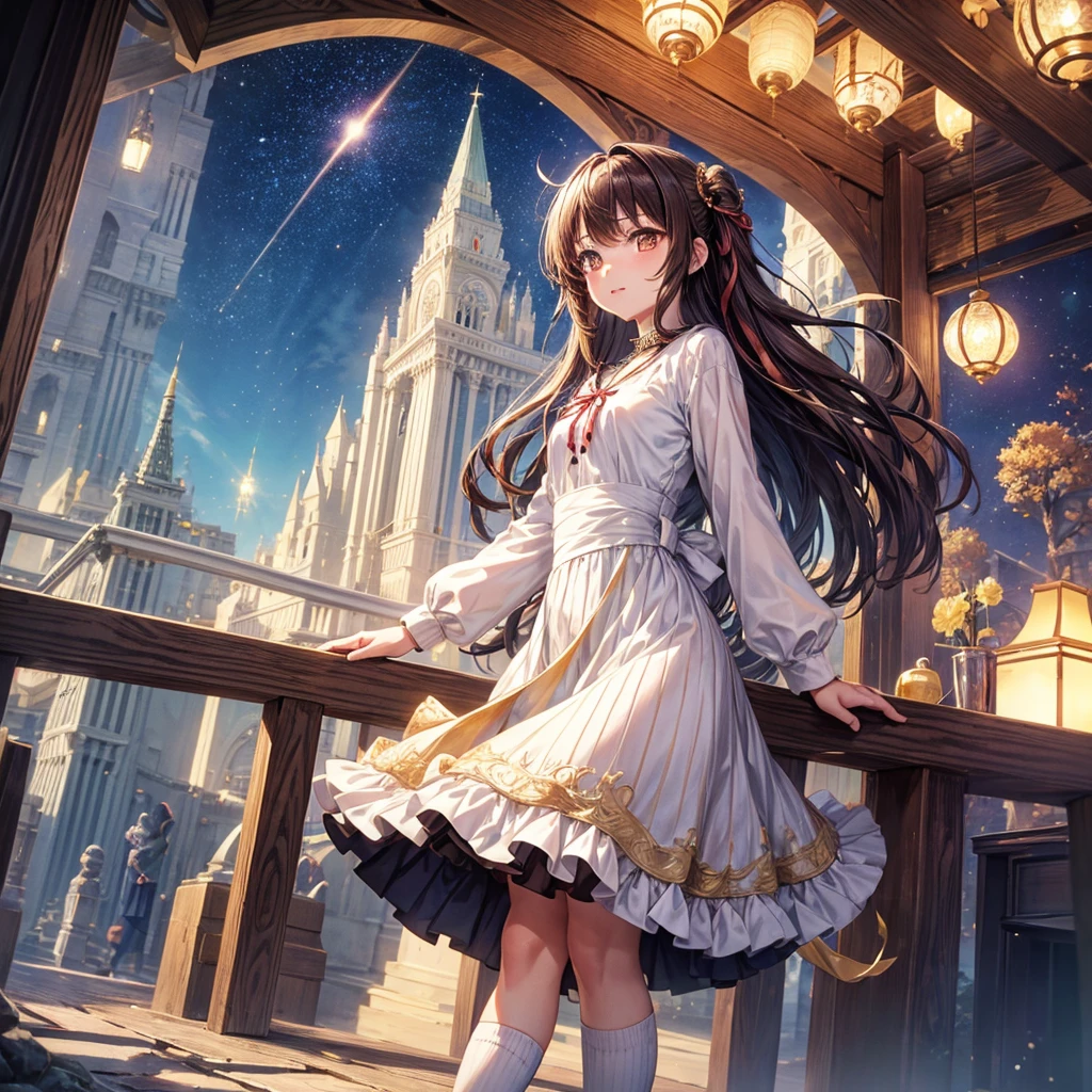 Red, brown, gold, gold hair、Golden Eyes、Hair tied up、One good looking girl、solo、anime、Checkered mini skirt、Ruffles on the skirt、Checked dress、blouse、school uniform、Black knee-high socks、Ribbon、Ribbon on waist、Teeth are visible、Sparkly Necklace、From above、Cobblestones、waterfall、Starry Sky、Midnight Moon、suspension bridge、Soap bubbles are flying、beam、Standing still、Eight Towers、Palm Tree、Transparent、Dragon flying、Sandy Beach、time and space、goddess、Billboard、Edo