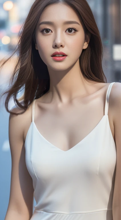 ((Realistic lighting, Highest quality, 8K, masterpiece: 1.3)), concentrated: 1.2, One girl, Perfect figure: 1.4, Slim Abs: 1.1, ((Dark brown hair)), (White Dress: 1.4), (Outdoor, night: 1.1), street, Super detailed face, Beautiful Eyes, double eyelid,