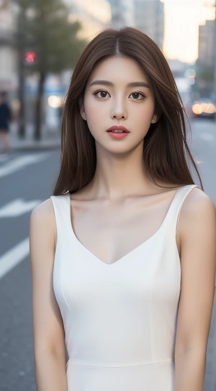 ((Realistic lighting, Highest quality, 8K, masterpiece: 1.3)), concentrated: 1.2, One girl, Perfect figure: 1.4, Slim Abs: 1.1, ((Dark brown hair)), (White Dress: 1.4), (Outdoor, night: 1.1), street, Super detailed face, Beautiful Eyes, double eyelid,