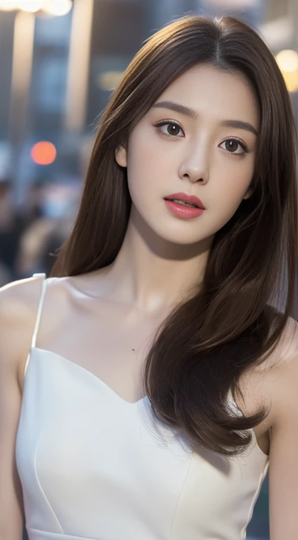 ((Realistic lighting, Highest quality, 8K, masterpiece: 1.3)), concentrated: 1.2, One girl, Perfect figure: 1.4, Slim Abs: 1.1, ((Dark brown hair)), (White Dress: 1.4), (Outdoor, night: 1.1), street, Super detailed face, Beautiful Eyes, double eyelid,