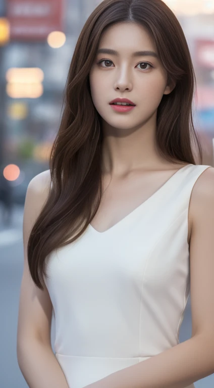 ((Realistic lighting, Highest quality, 8K, masterpiece: 1.3)), concentrated: 1.2, One girl, Perfect figure: 1.4, Slim Abs: 1.1, ((Dark brown hair)), (White Dress: 1.4), (Outdoor, night: 1.1), street, Super detailed face, Beautiful Eyes, double eyelid,