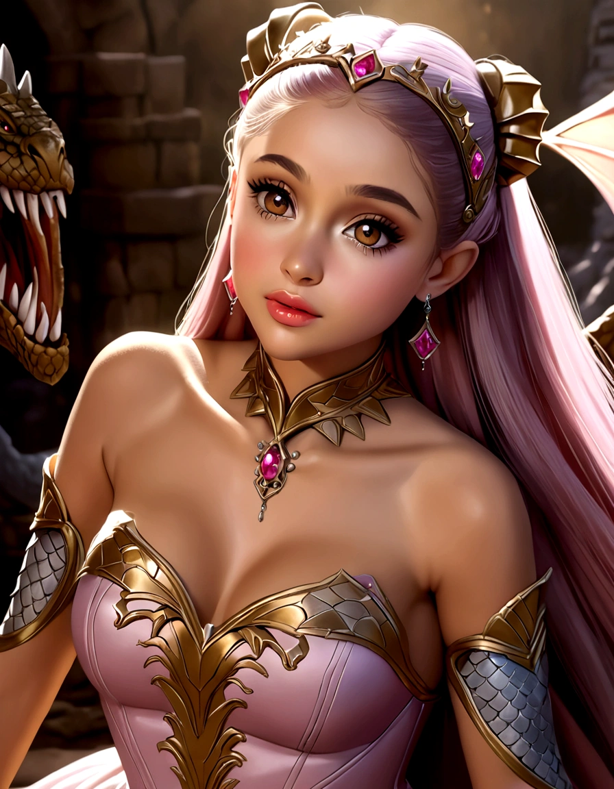 1 girl, Ariana Grande, 25 years old, beautiful detailed eyes, beautiful detailed lips, extremely detailed face and features, longeyelashes, princess dress, pink, dragon's lair, scolding dragon, bopping dragon's nose, messy lair, no bed, high fantasy, bones and gold scattered around hap hazard(best quality,4k,8k,highres,masterpiece:1.2),ultra-detailed,(realistic,photorealistic,photo-realistic:1.37),concept art, vivid colors, dramatic lighting, cinematic