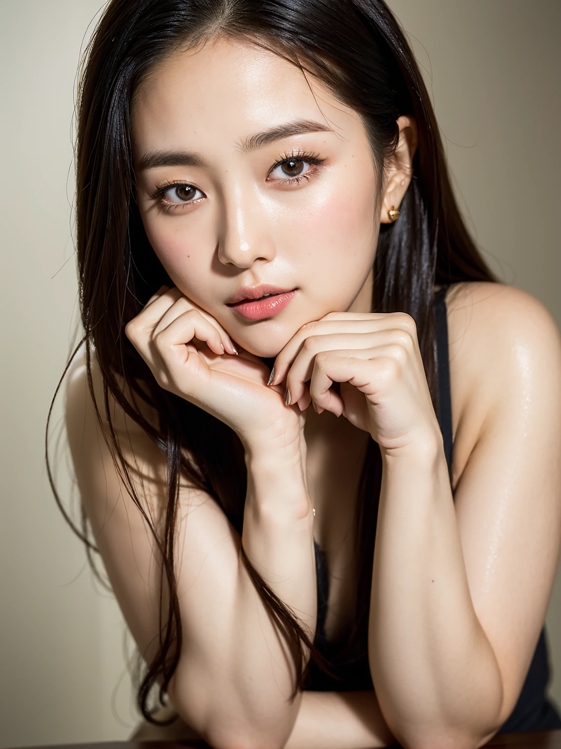 (Tabletop:1.3), (8K, Realistic, RAW Photos, Highest quality: 1.4), Japanese, (One Girl), Beautiful Face, (Realistic Face), (Black Hair), Beautiful hairstyle, Realistic eyes, Beautiful attention to detail, (Realistic Skin), Beautiful Skin, Charm, Ultra-high resolution, Surreal, Very detailed, Golden Ratio,.)、One girl、cute、Laughter、Mouth closed、Beautiful details、Beautiful nose down to the last detail、Esbian all over、Wet your hair、Giant Dalcefo、pork、、Thighs Thighs Thighs Thighs