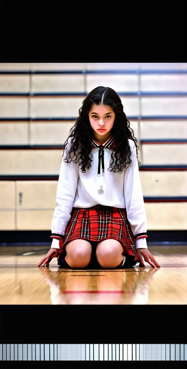 a girl with long curly black hair,beautiful detailed eyes,beautiful detailed lips,extremely detailed face and eyes,long eyelashes,hot fantasy,red plaid skirt,thin white transparent collared top,nothing worn underneath,sitting on cold gymnasium floor with 2 other girls on each side,feet flat on the floor,knees in the air with forearms resting on knees,knees spread wide apart from each other,in a college gymnasium setting,detailed classmates in bleachers wearing identical outfits,highly detailed illustration,floor view,from groundup,smooth rendering,bright vivid colors,4k,8k,highres,masterpiece,ultra-detailed,photorealistic,HDR,studio lighting,professional