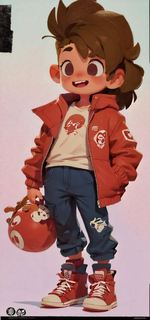 A boy, Messy hair, red jacket, shirt blue, Blue wide pants, Red sneakers, Grinning, fluffly, from sideways, standing, going, fully body, highy detailed, Cartoon.