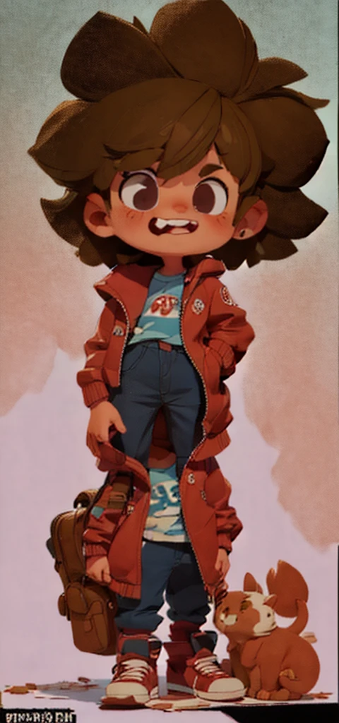 A boy, Messy hair, red jacket, shirt blue, Blue wide pants, Red sneakers, Grinning, fluffly, from sideways, standing, going, fully body, highy detailed, Cartoon.